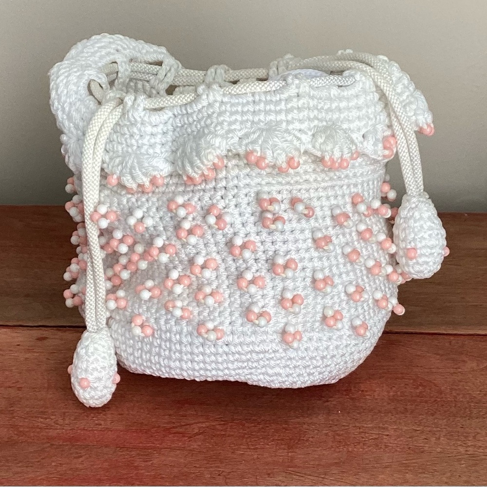 Vintage Beaded Crochet Drawstring Pouch Bag